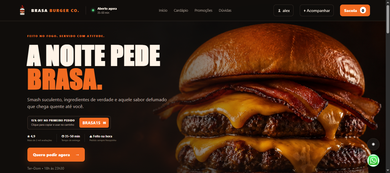 Tela real da loja virtual Brasa Burger, com cardápio, promoção e sacola de pedidos